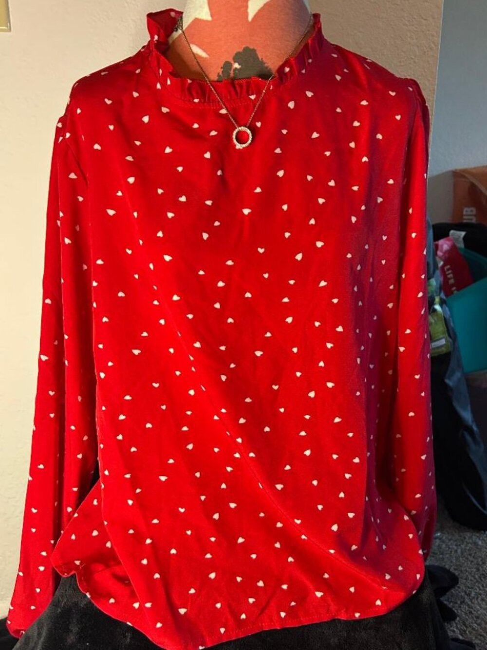 Shein Red & White Heart Detail Long Sleeve Blouse Size XXL